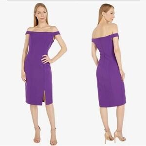 Marina Women Purple Off-The-Shoulder Shift Stretch Midi Cocktail Dress Size 4
